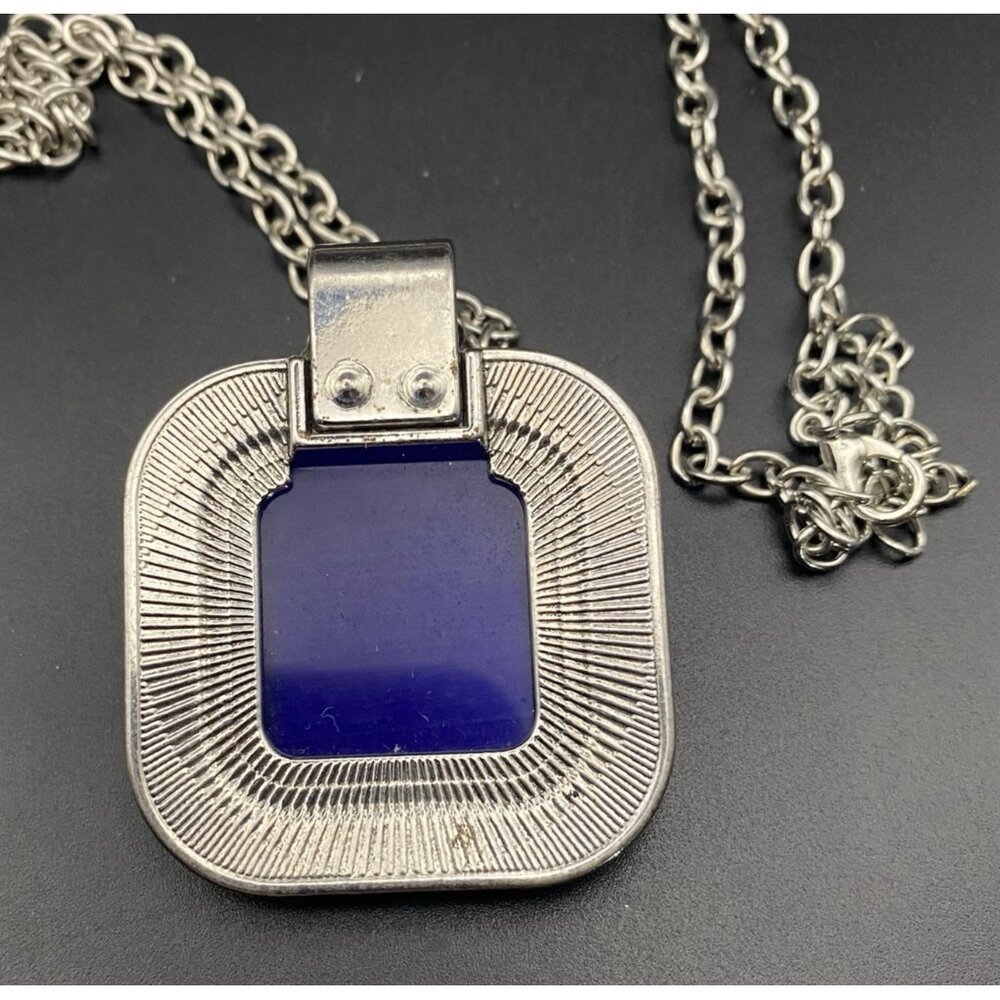 Royal Blue Cat's Eye Pendant Iced Out CZ Hip Hop Silver Tone Chain Cable 34+2" - Picture 3 of 6